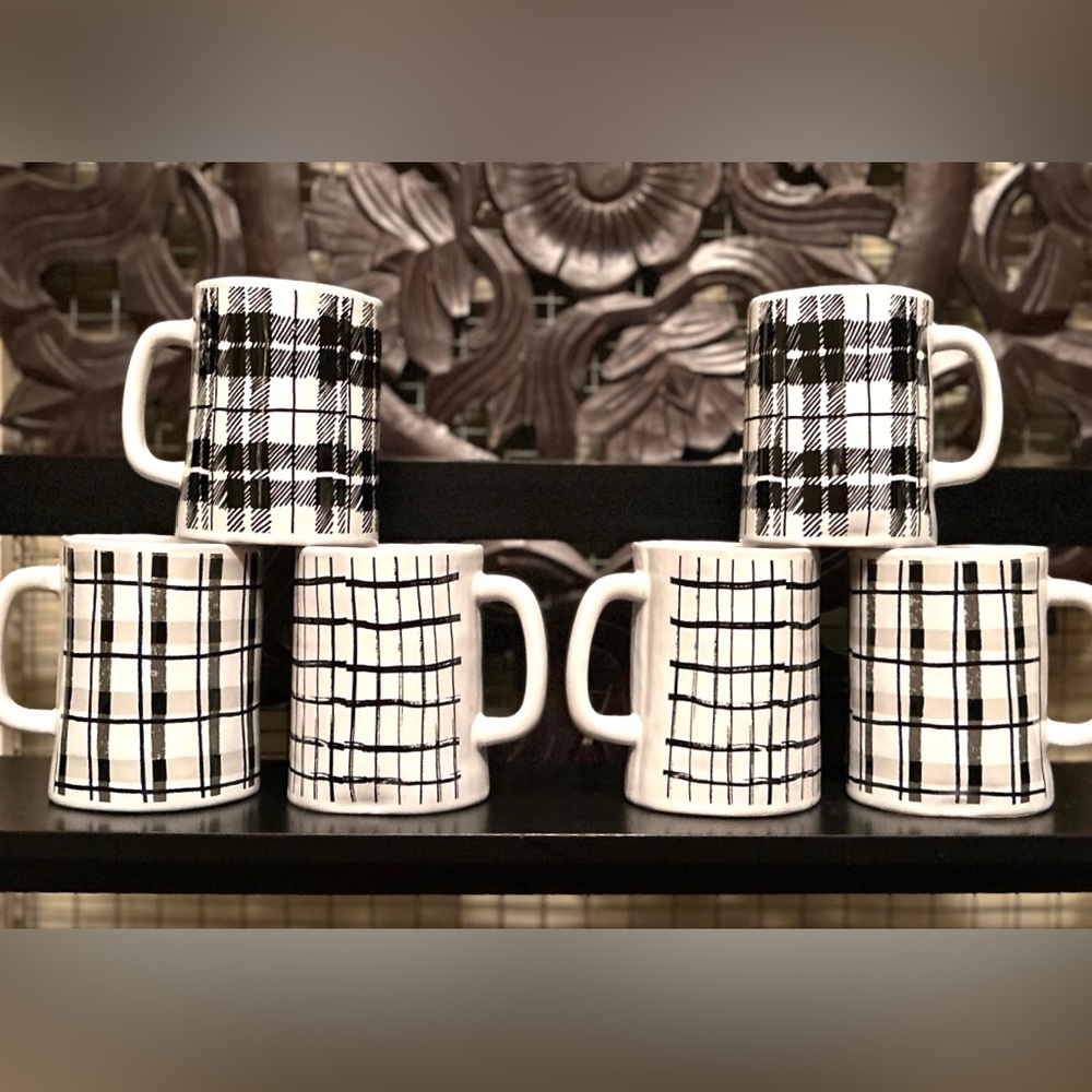 NEW Set of 6 Farmhouse Black & White Plaid Ceramic Coffee Tea Cups Mugs - Picture 2 of 15
